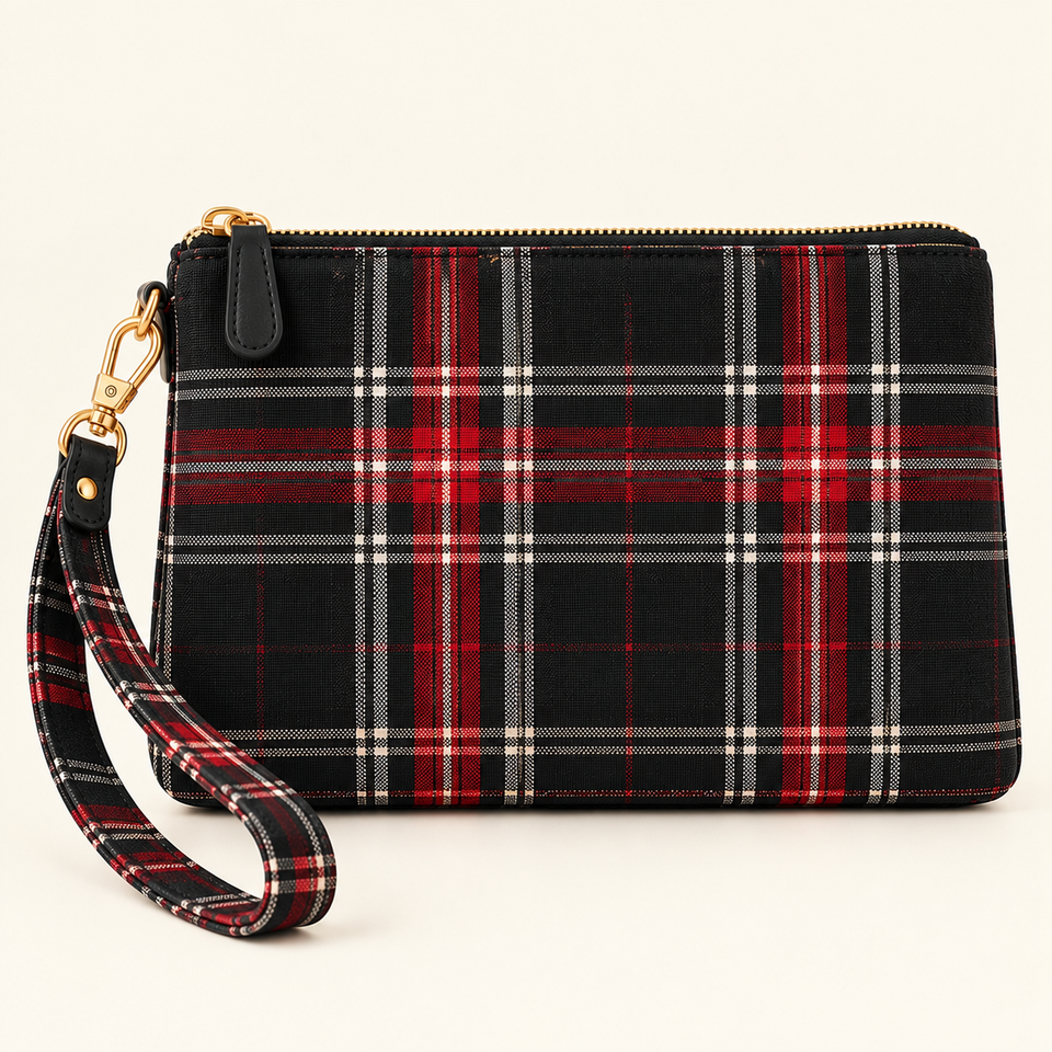 Cream Scottish Tartan Wristlet Pouch