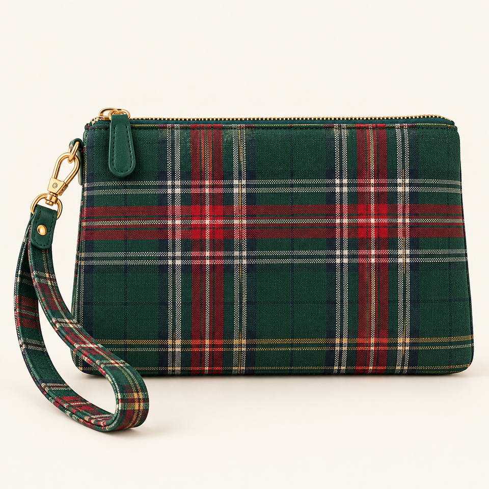 Cream Scottish Tartan Wristlet Pouch