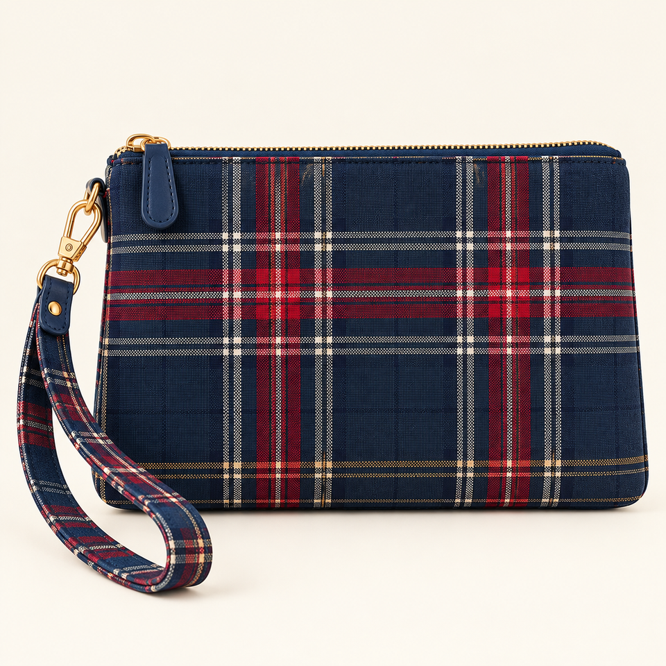 Cream Scottish Tartan Wristlet Pouch